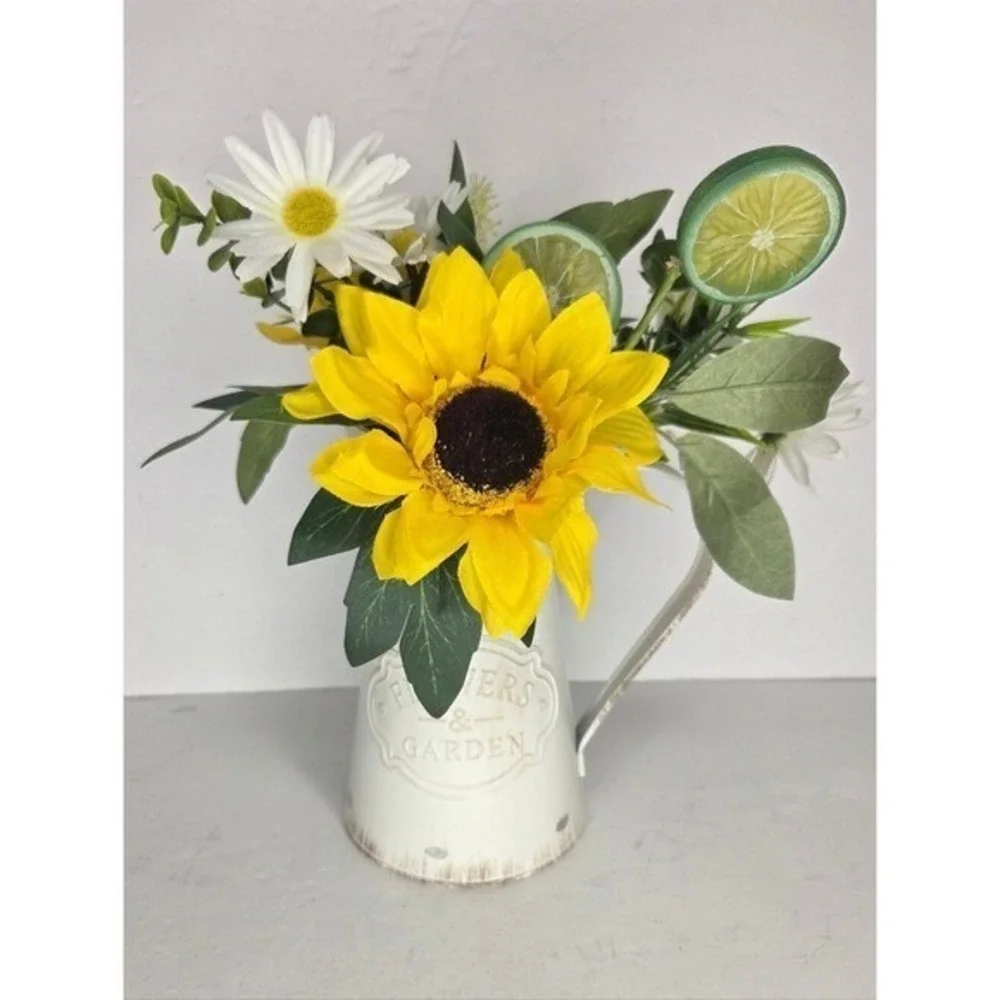 Yellow Sunflower Faux‎ Floral Arrangement in White Farnhouse Pitcher Vase